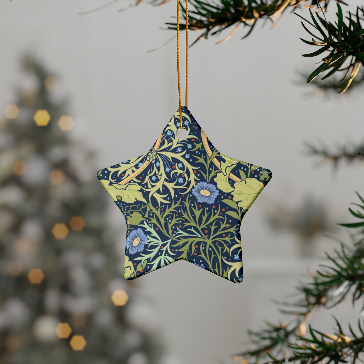 Ceramic Christmas Ornaments inspired by William Morris - Seaweed Collection (Blue Flower) - Double Sided Print: 1pc, 3pcs, 5pcs, 10pcs