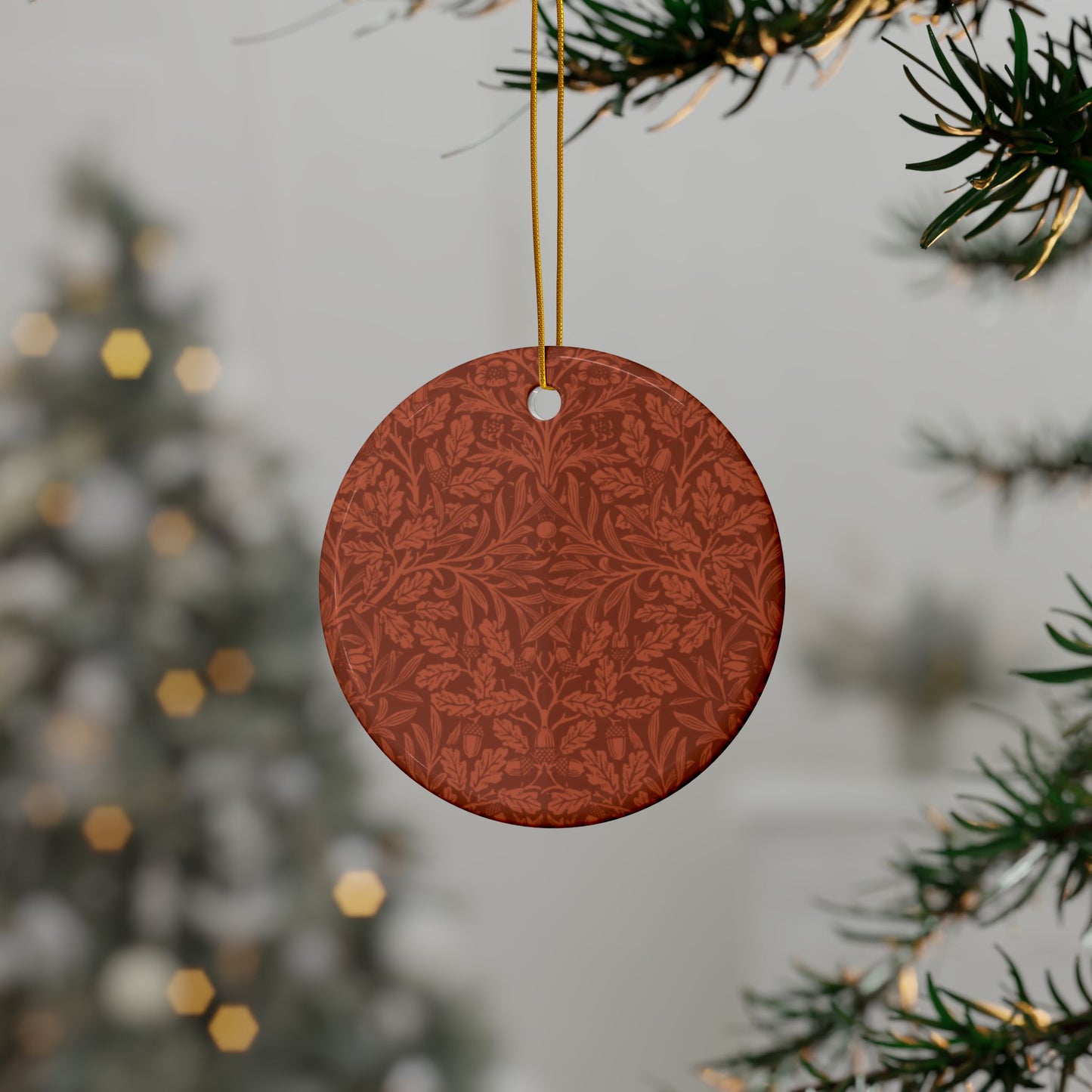 Ceramic Christmas Ornaments inspired by William Morris - Acorn & Oak Leaves (Rust) Collection - Double Sided Print: 1pc, 3pcs, 5pcs, 10pcs