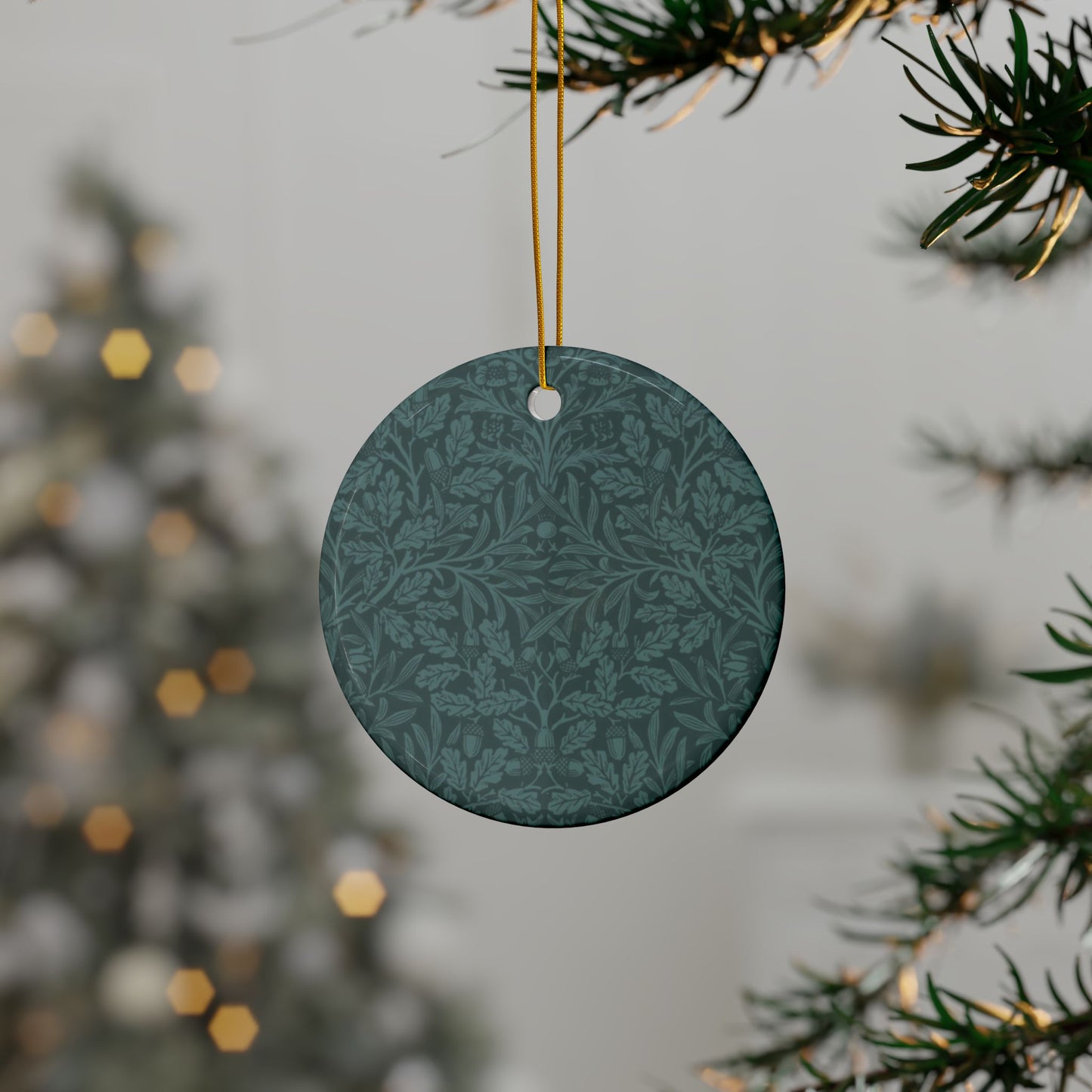 Ceramic Christmas Ornaments inspired by William Morris - Acorn & Oak Leaves (Teal) Collection - Double Sided Print: 1pc, 3pcs, 5pcs, 10pcs