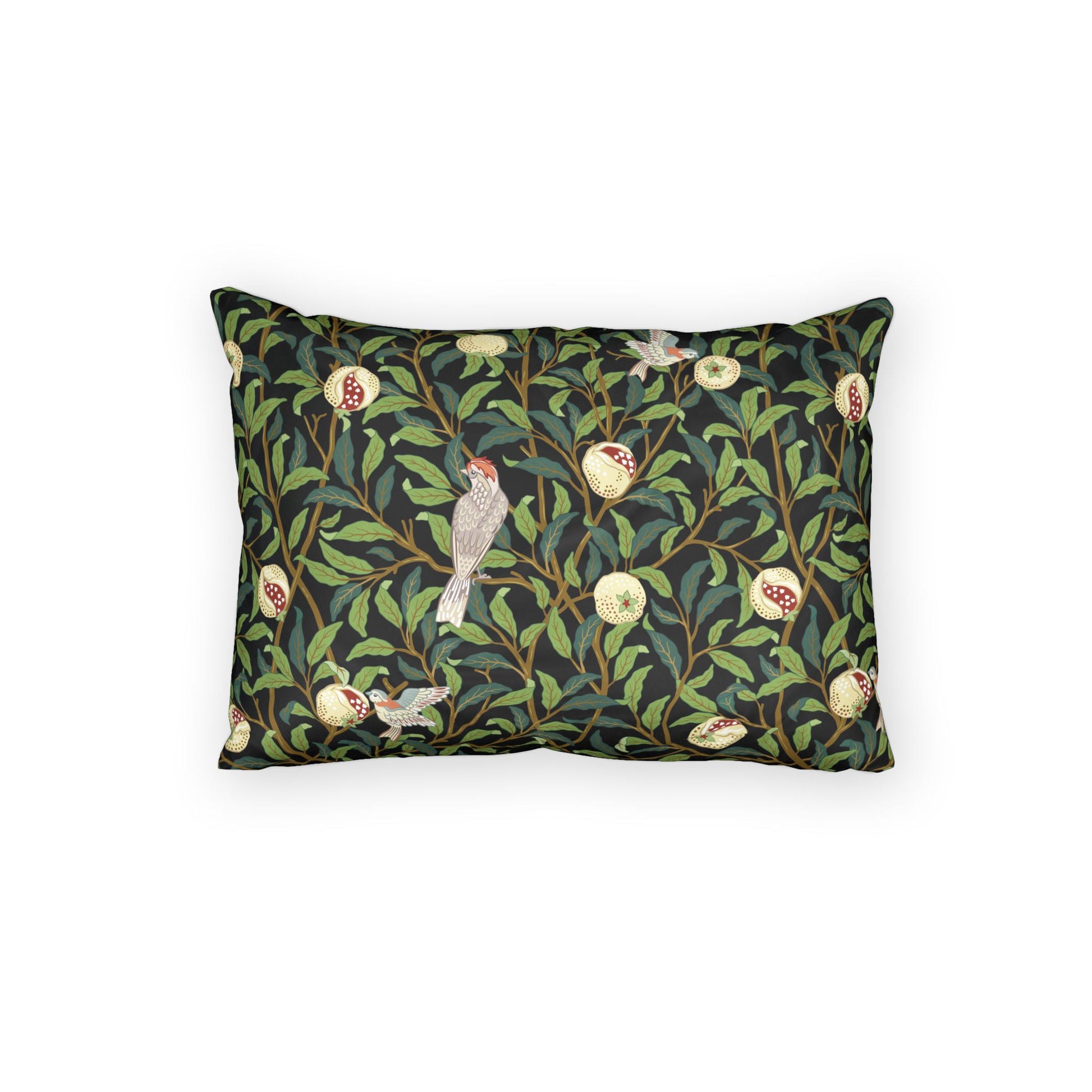 Decorative pillow with nature-themed pattern on a white background