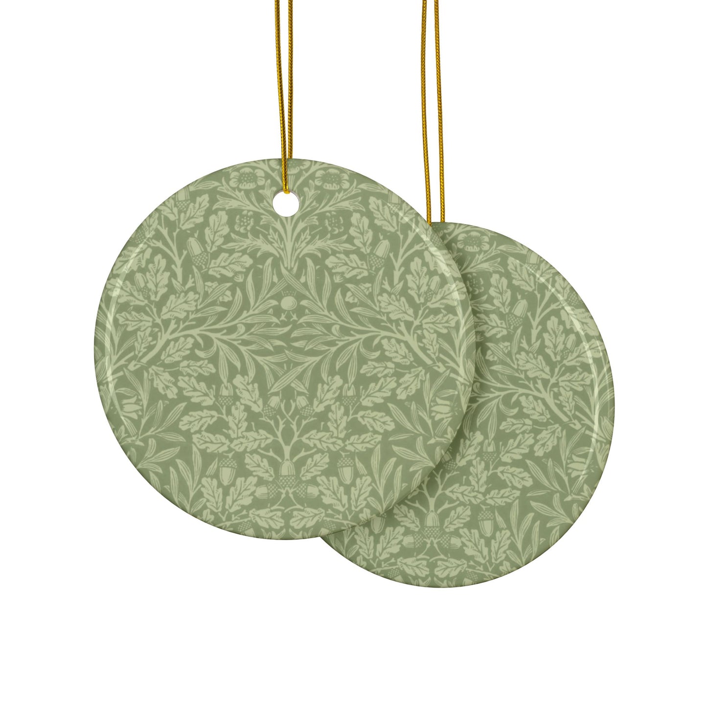 Ceramic Christmas Ornaments inspired by William Morris - Acorn & Oak Leaves (Green) Collection - Double Sided Print: 1pc, 3pcs, 5pcs, 10pcs