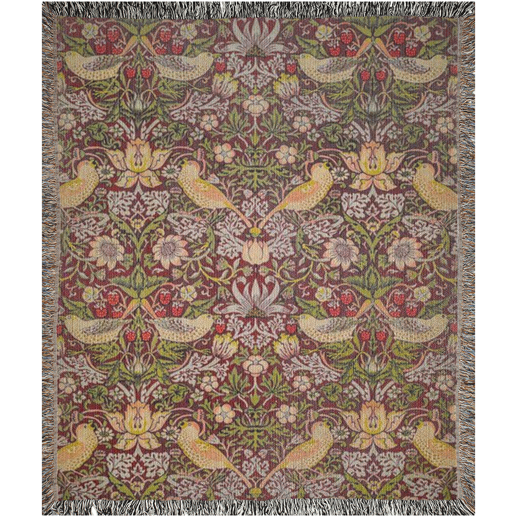 william-morris-co-woven-cotton-blanket-with-fringe-strawberry-thief-collection-crimson-3
