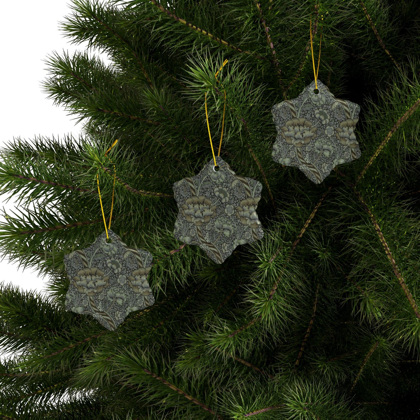 Ceramic Christmas Ornaments inspired by William Morris - Wandle Collection (Grey) - Double Sided Print: 1pc, 3pcs, 5pcs, 10pcs