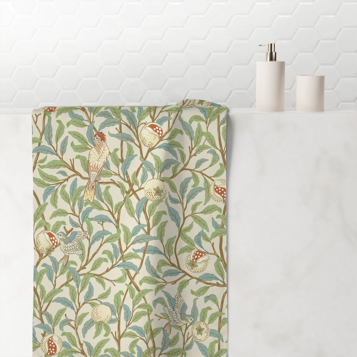 Bath Towel inspired by William Morris - Bird & Pomegranate Collection (Parchment)