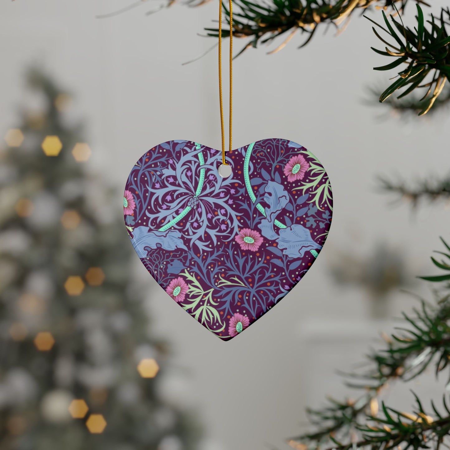 Ceramic Christmas Ornaments inspired by William Morris - Seaweed Collection (Pink Flower) - Double Sided Print: 1pc, 3pcs, 5pcs, 10pcs