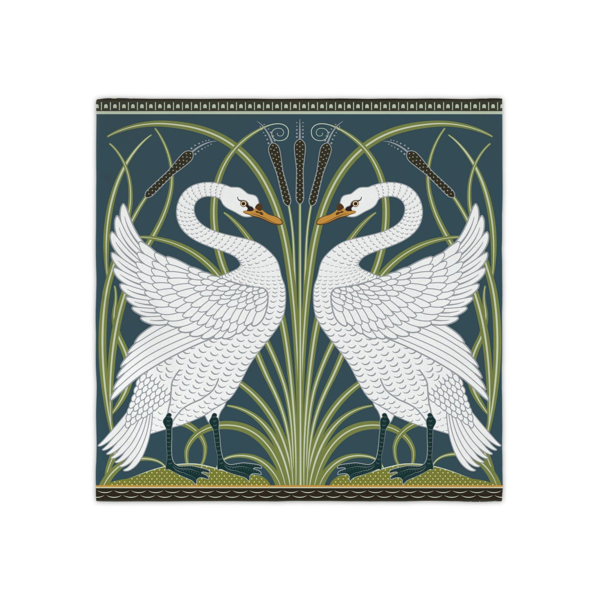 Square decorative table napkin featuring two white swans facing each other in an Art Nouveau style design on a dark teal background with green reeds and gold accents.