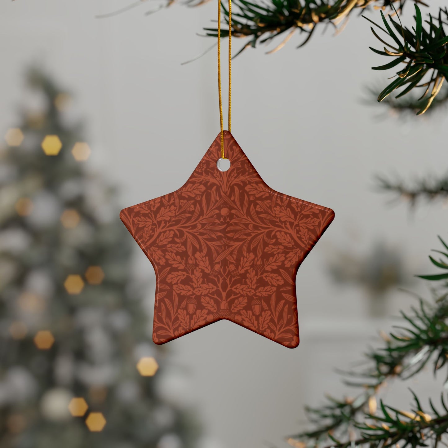 Ceramic Christmas Ornaments inspired by William Morris - Acorn & Oak Leaves (Rust) Collection - Double Sided Print: 1pc, 3pcs, 5pcs, 10pcs