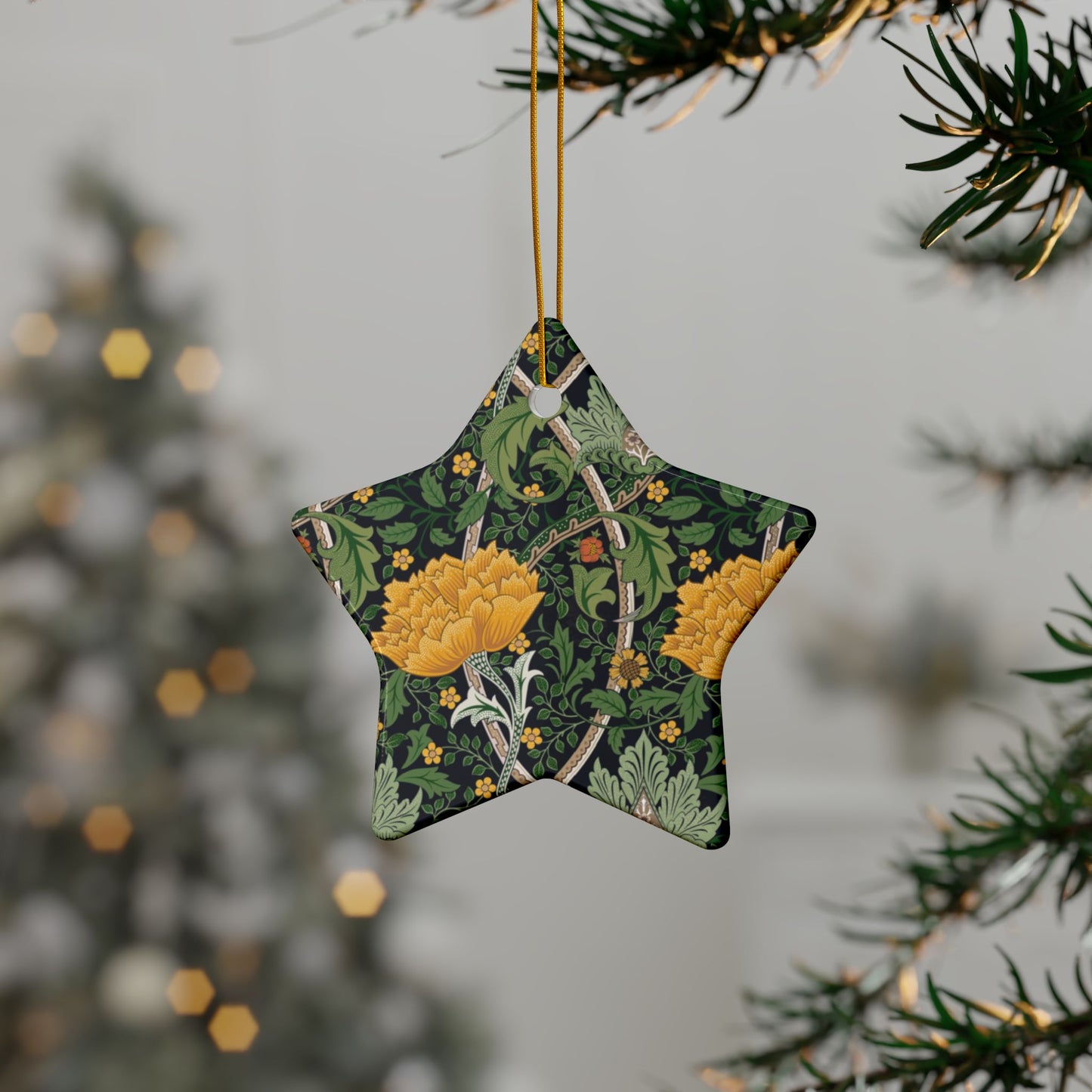 Ceramic Christmas Ornaments inspired by William Morris - Chrysanthemum Collection (Yellow) - Double Sided Print: 1pc, 3pcs, 5pcs, 10pcs