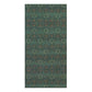 A rectangular area rug with an intricate geometric and floral pattern in teal, green, and rust orange, shown flat against a white background.