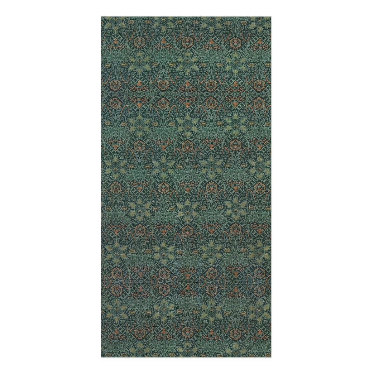 A rectangular area rug with an intricate geometric and floral pattern in teal, green, and rust orange, shown flat against a white background.