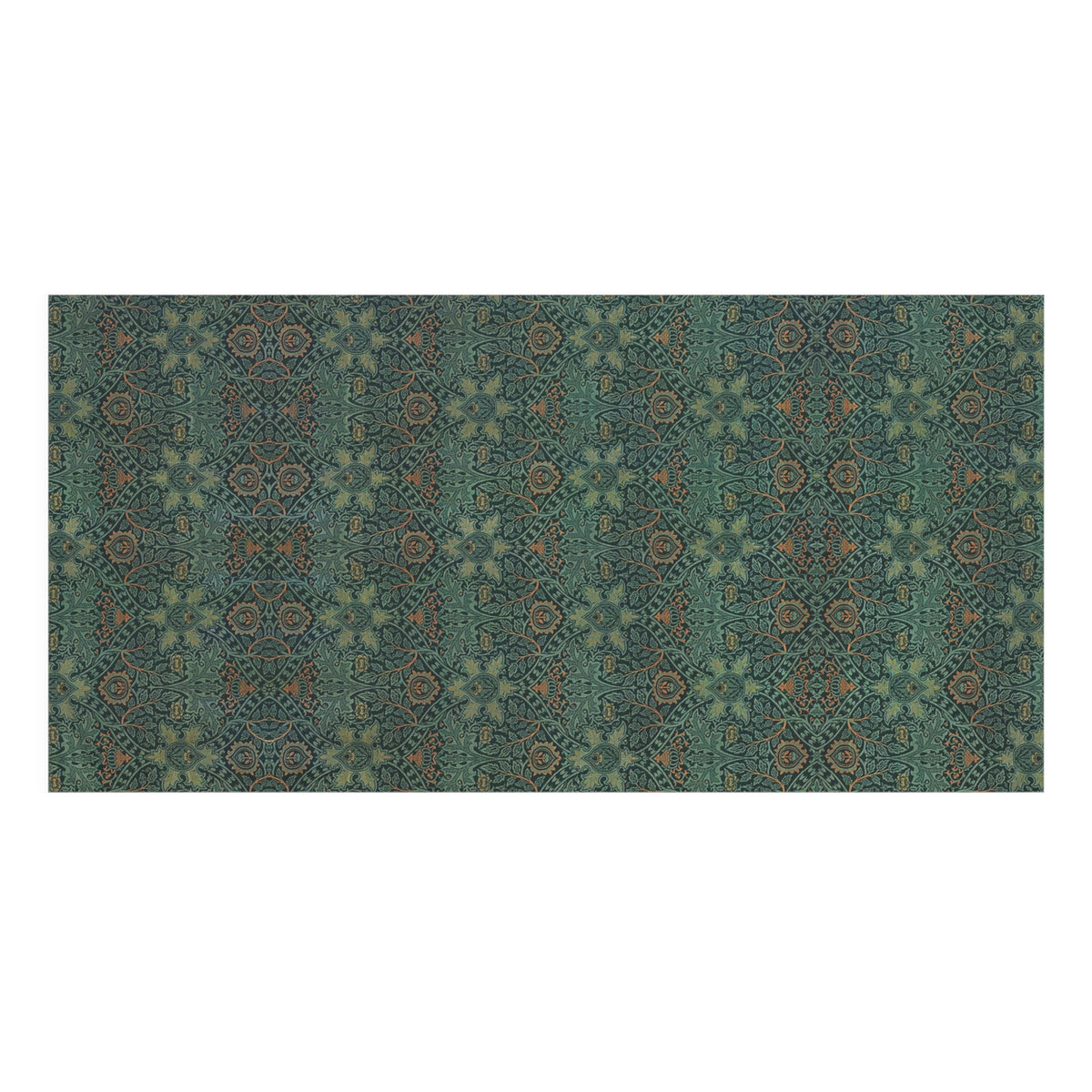 A rectangular bath towel with an intricate, repeating geometric and floral pattern in muted teal, olive green, rust orange, and beige tones, shown flat against a solid white background.