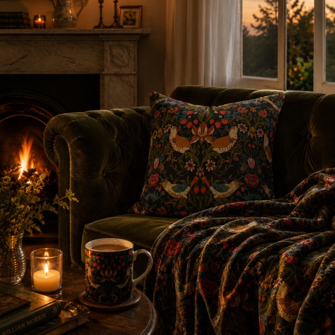 Velvet Blanket inspired by William Morris - Strawberry Thief Collection (Ebony)