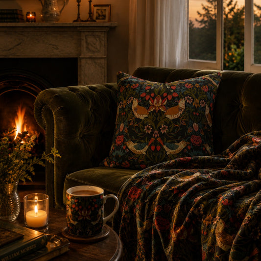 Velvet Blanket inspired by William Morris - Strawberry Thief Collection (Ebony)