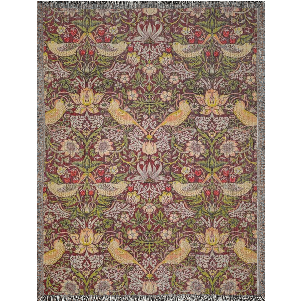 william-morris-co-woven-cotton-blanket-with-fringe-strawberry-thief-collection-crimson-4
