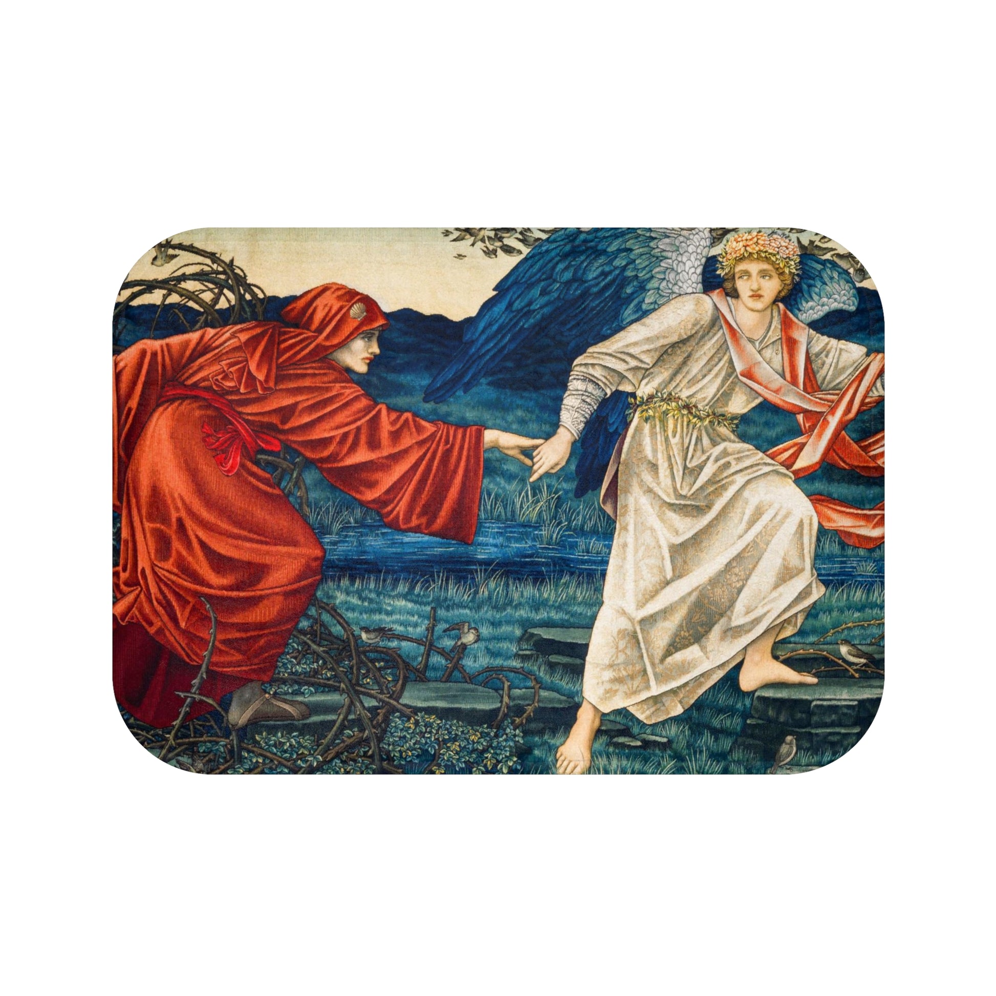 A microfibre bath mat with a historical artwork depicting two figures in a landscape from Edward Burne-Jones.