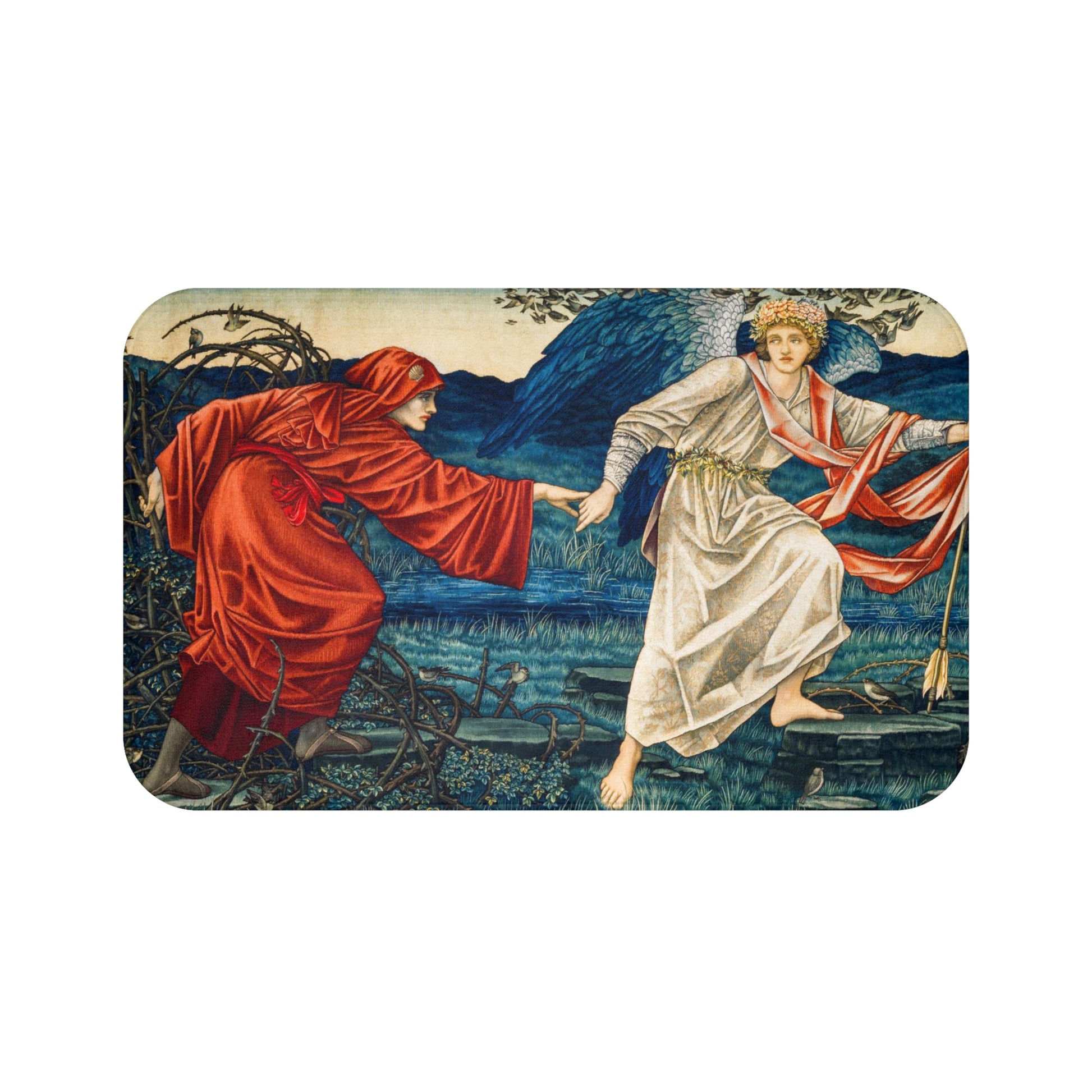 A microfibre bath mat with a historical artwork depicting two figures in a landscape.