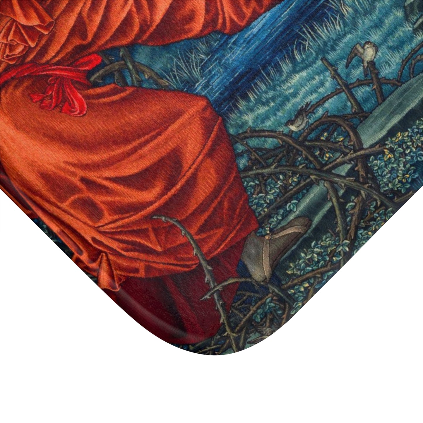 A microfibre bath mat with a historical artwork depicting two figures in a landscape from Edward Burne-Jones.