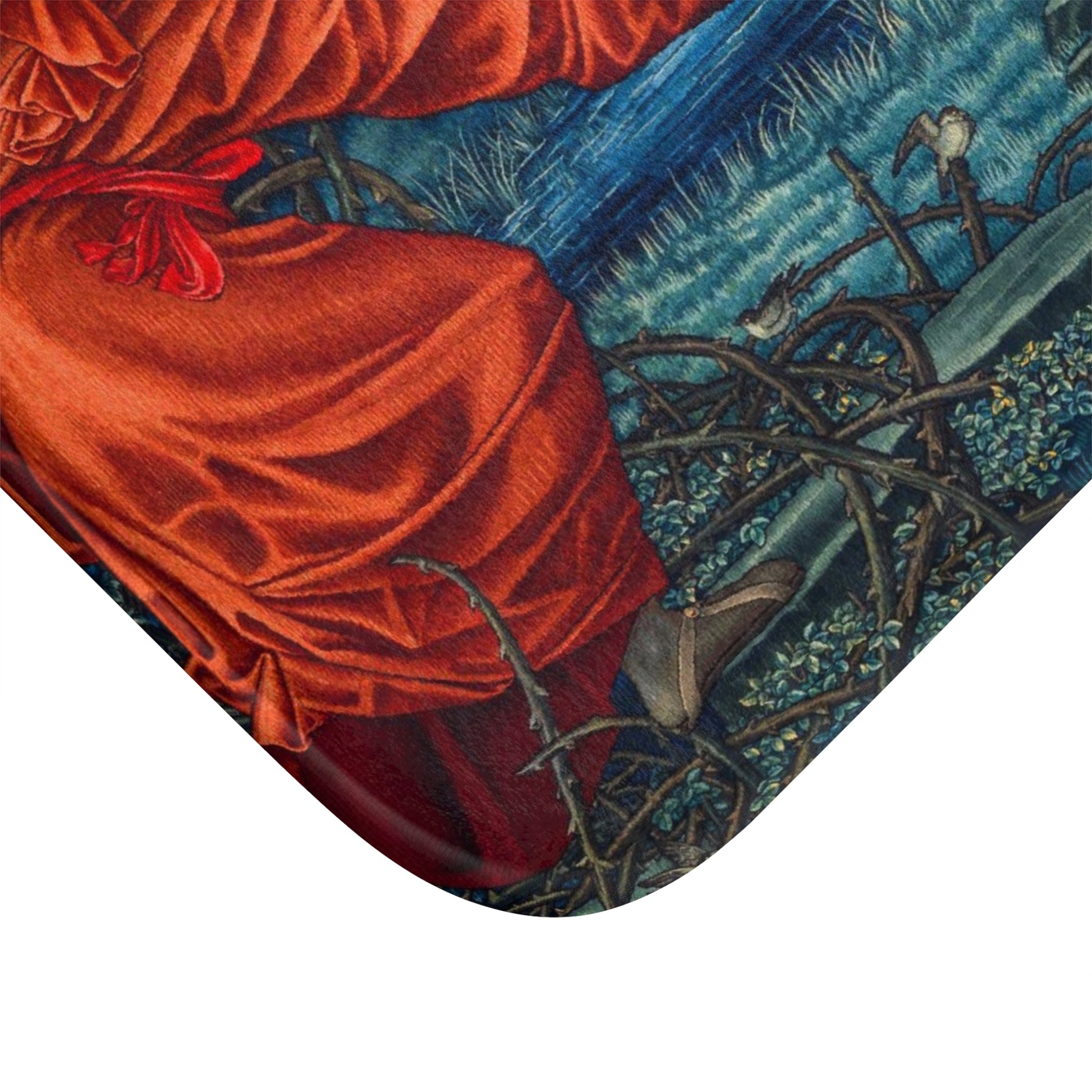 A microfibre bath mat with a historical artwork depicting two figures in a landscape from Edward Burne-Jones.