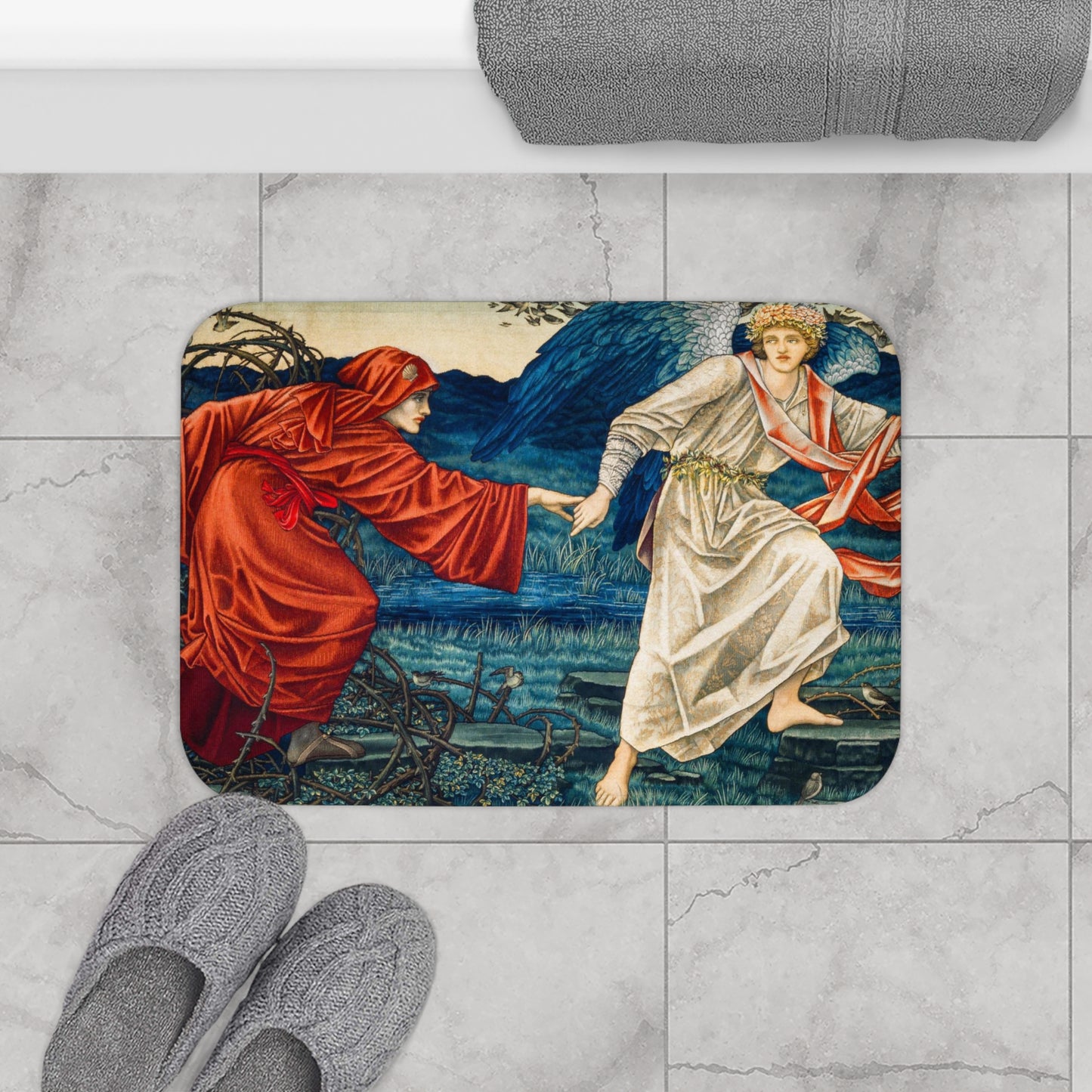 A microfibre bath mat with a historical artwork depicting two figures in a landscape from Edward Burne-Jones.