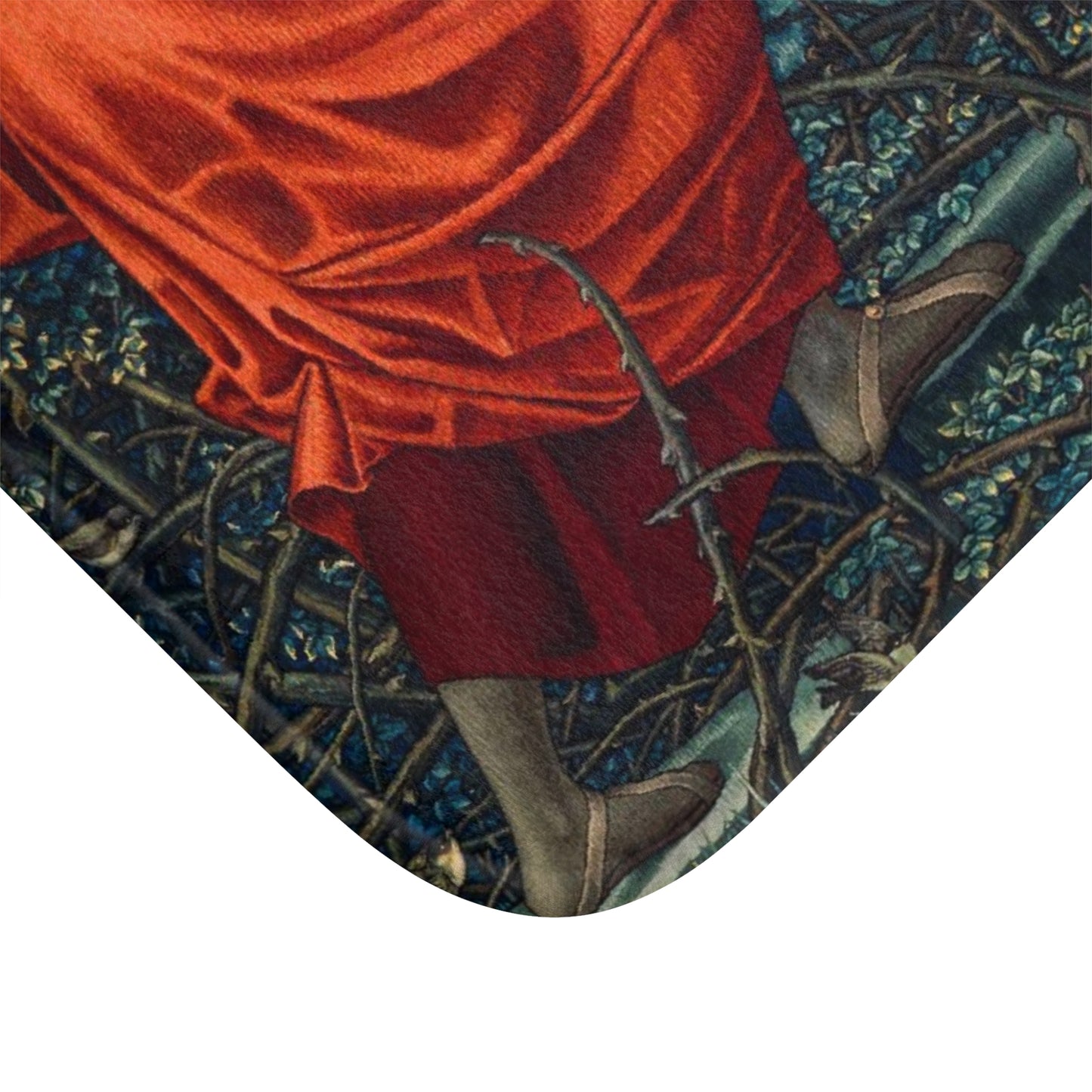 A microfibre bath mat with a historical artwork depicting two figures in a landscape from Edward Burne-Jones.
