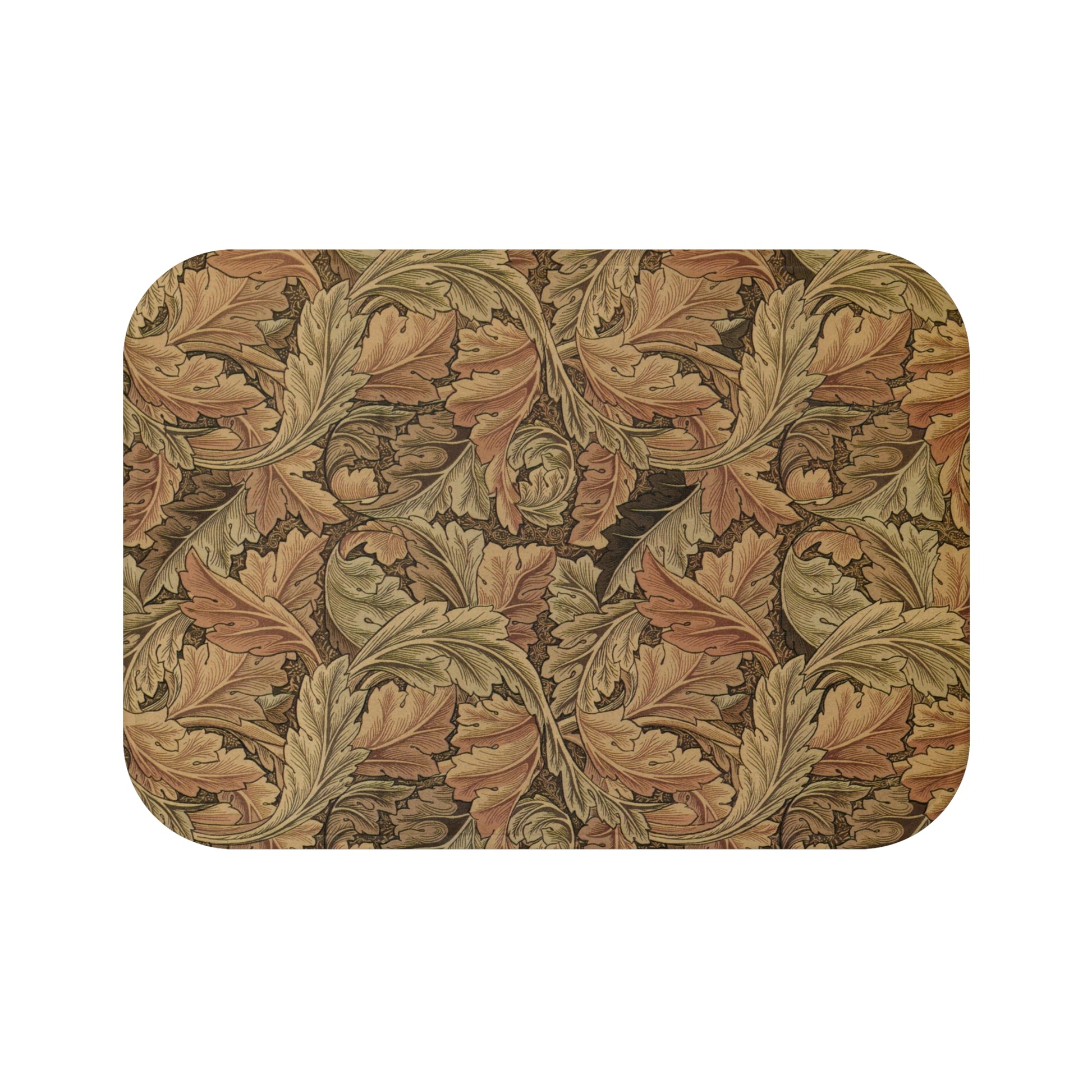 Microfibre bath mat with a floral pattern in brown colors, rectangular in shape.