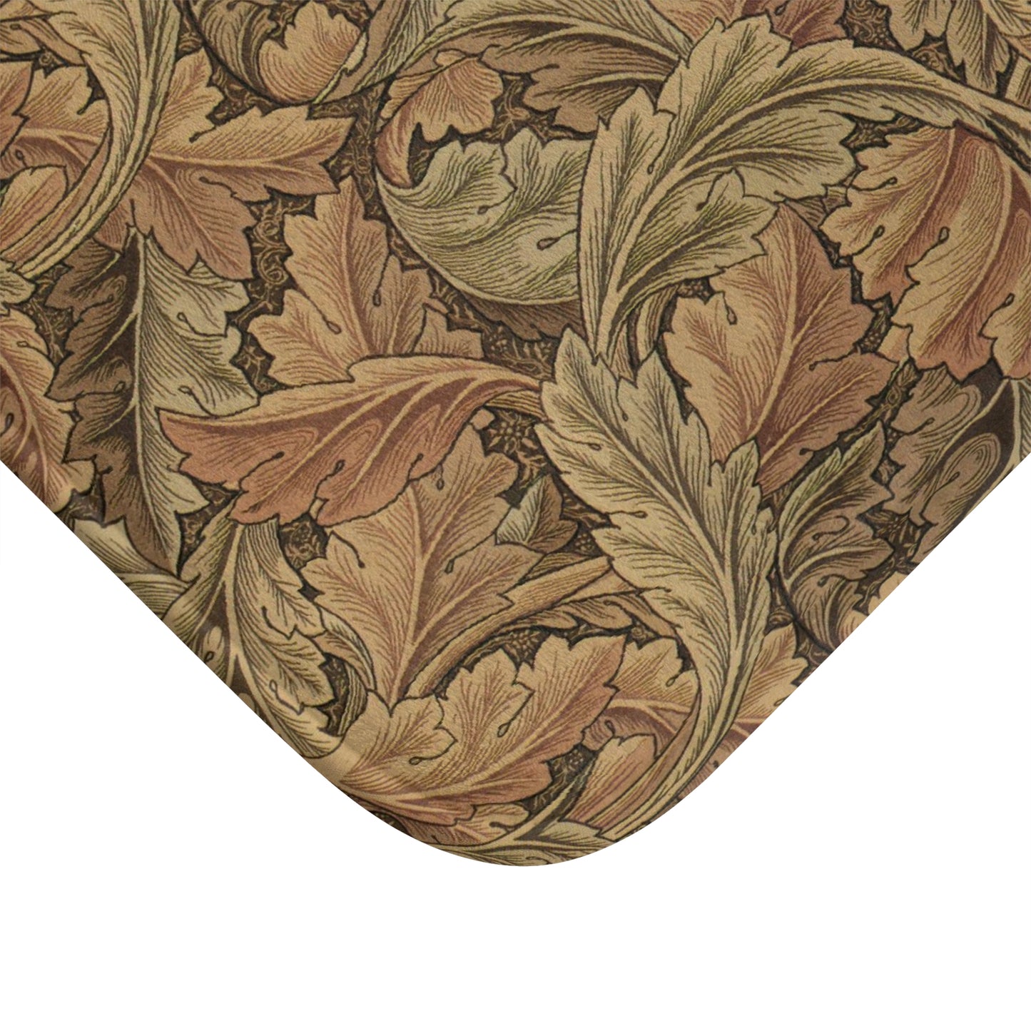 Close-up of a decorative fabric with intricate leaf pattern in brown and green tones.