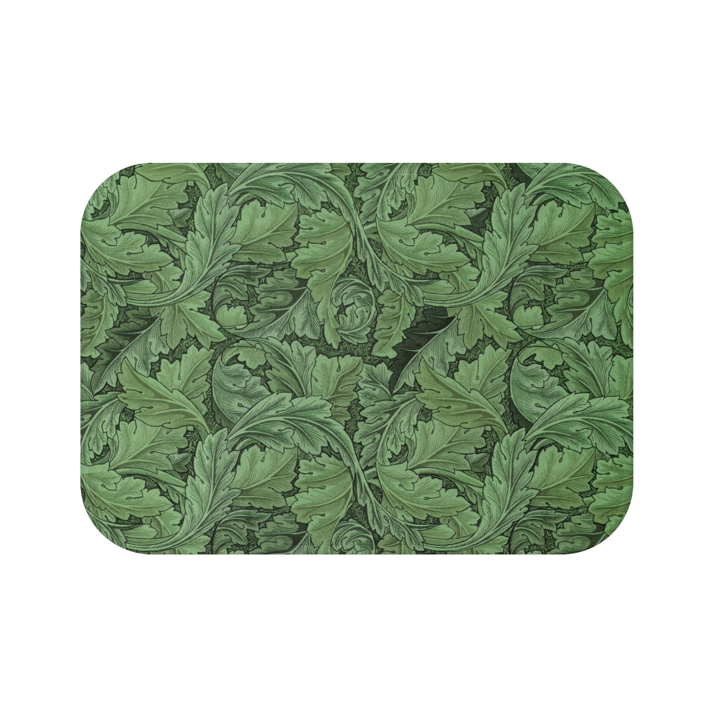 Microfibre bath mat with a green floral pattern inspired by William Morris' Acanthus collection.