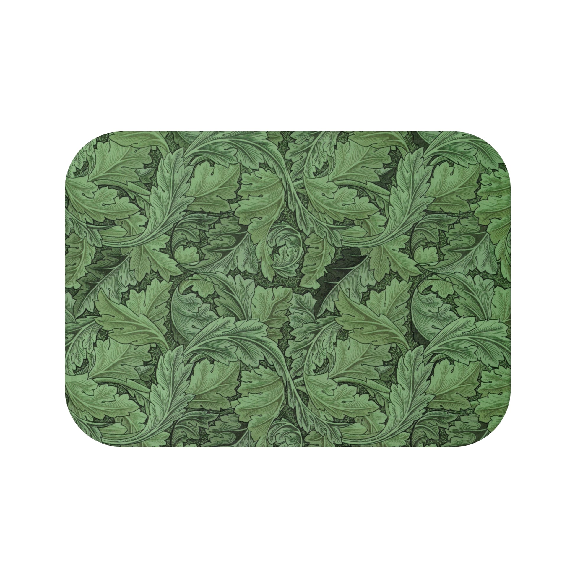 Microfibre bath mat with a green floral pattern inspired by William Morris' Acanthus collection.