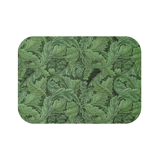Microfibre bath mat with a green floral pattern inspired by William Morris' Acanthus collection.