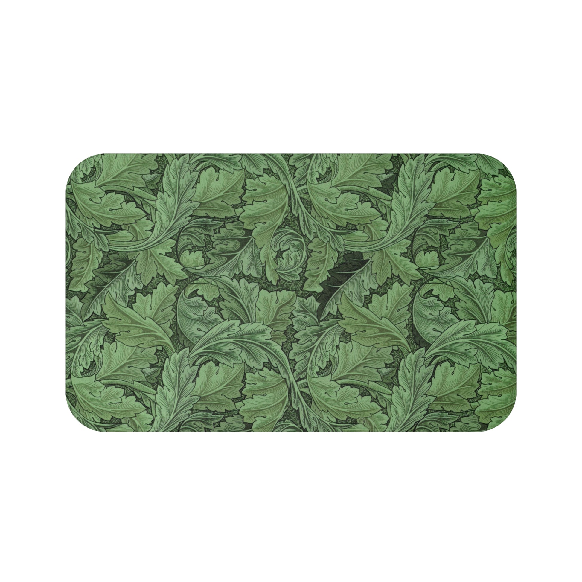Microfibre bath mat with a green floral pattern inspired by William Morris' Acanthus collection.