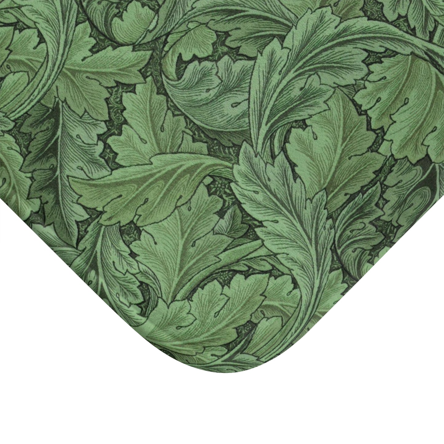 Microfibre bath mat with a green floral pattern inspired by William Morris' Acanthus collection.