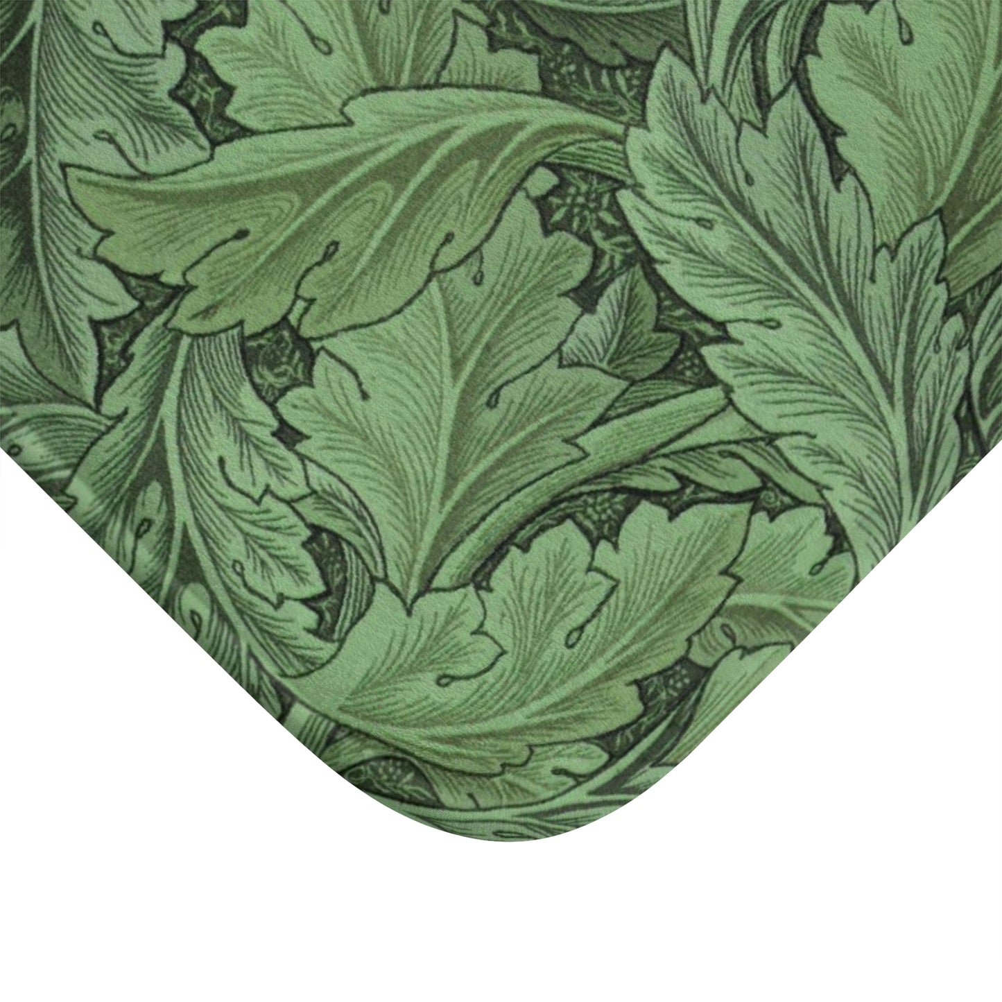 Microfibre bath mat with a green floral pattern inspired by William Morris' Acanthus collection.