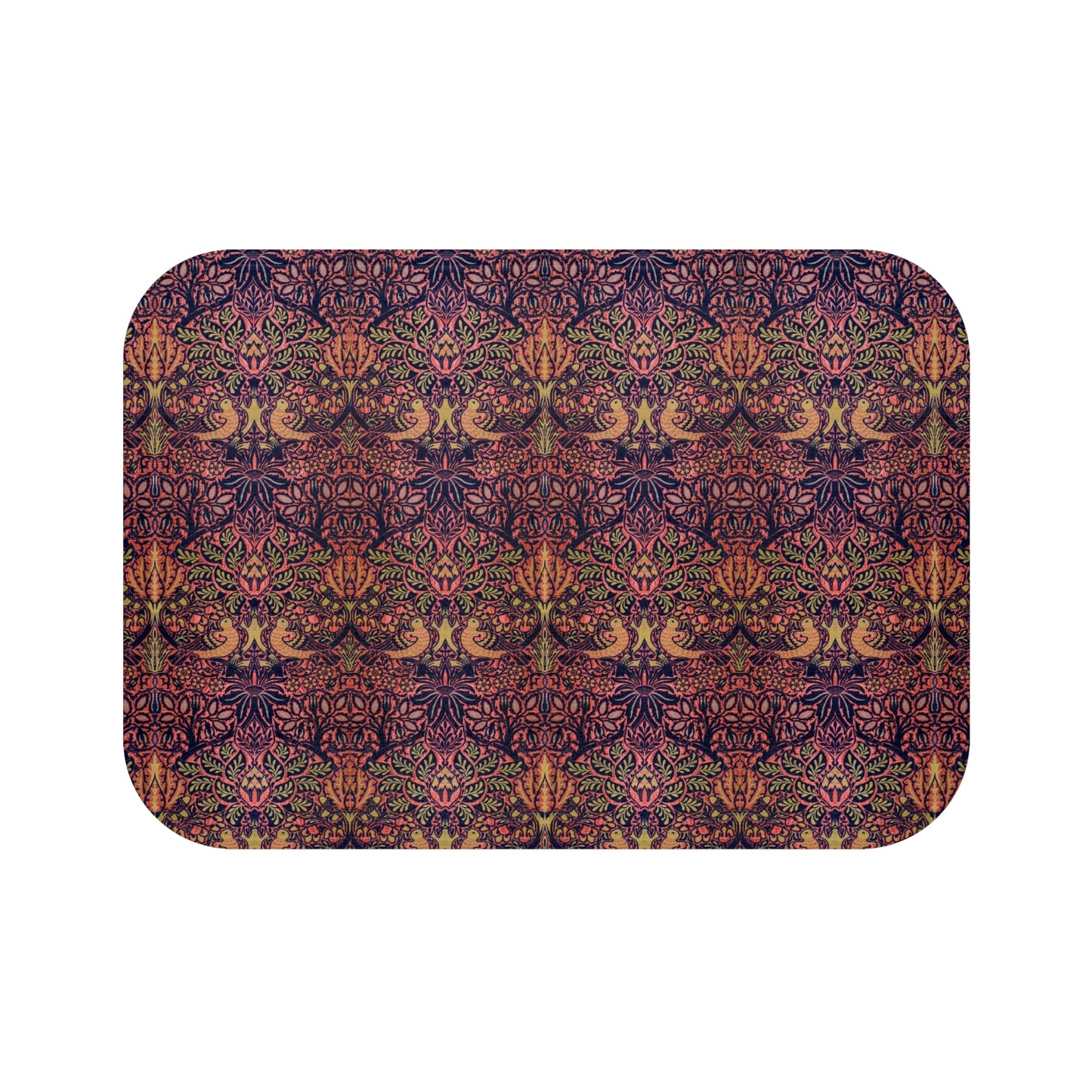 Rectangular microfibre bath mat with a floral pattern inspired by William Morris, in colors pink, purple, and gold.