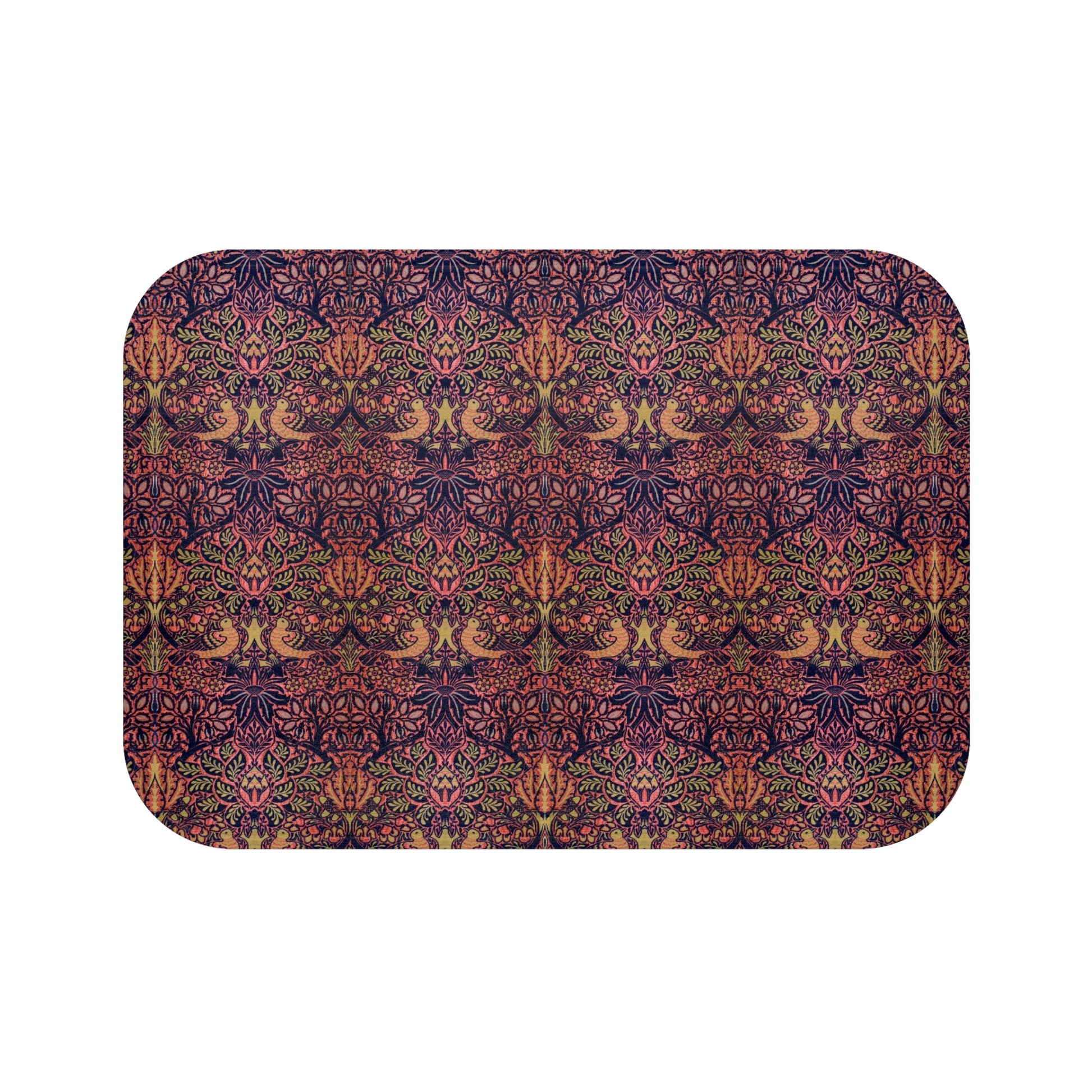 Rectangular microfibre bath mat with a floral pattern inspired by William Morris, in colors pink, purple, and gold.