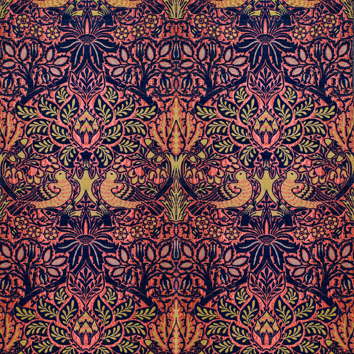 Rectangular microfibre bath mat with a floral pattern inspired by William Morris, in colours pink, purple, and gold.