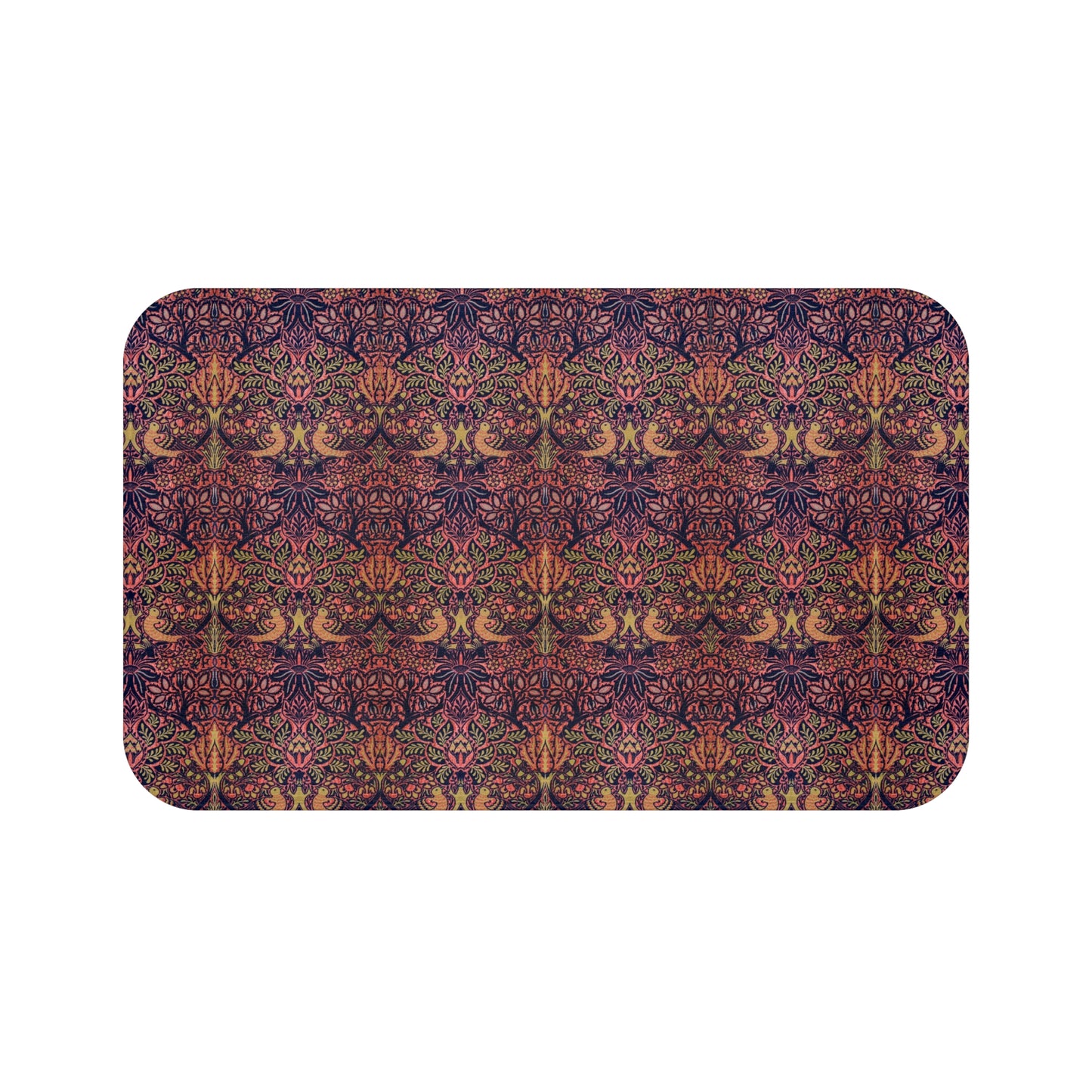 Rectangular microfibre bath mat with a floral pattern inspired by William Morris, in colors pink, purple, and gold.