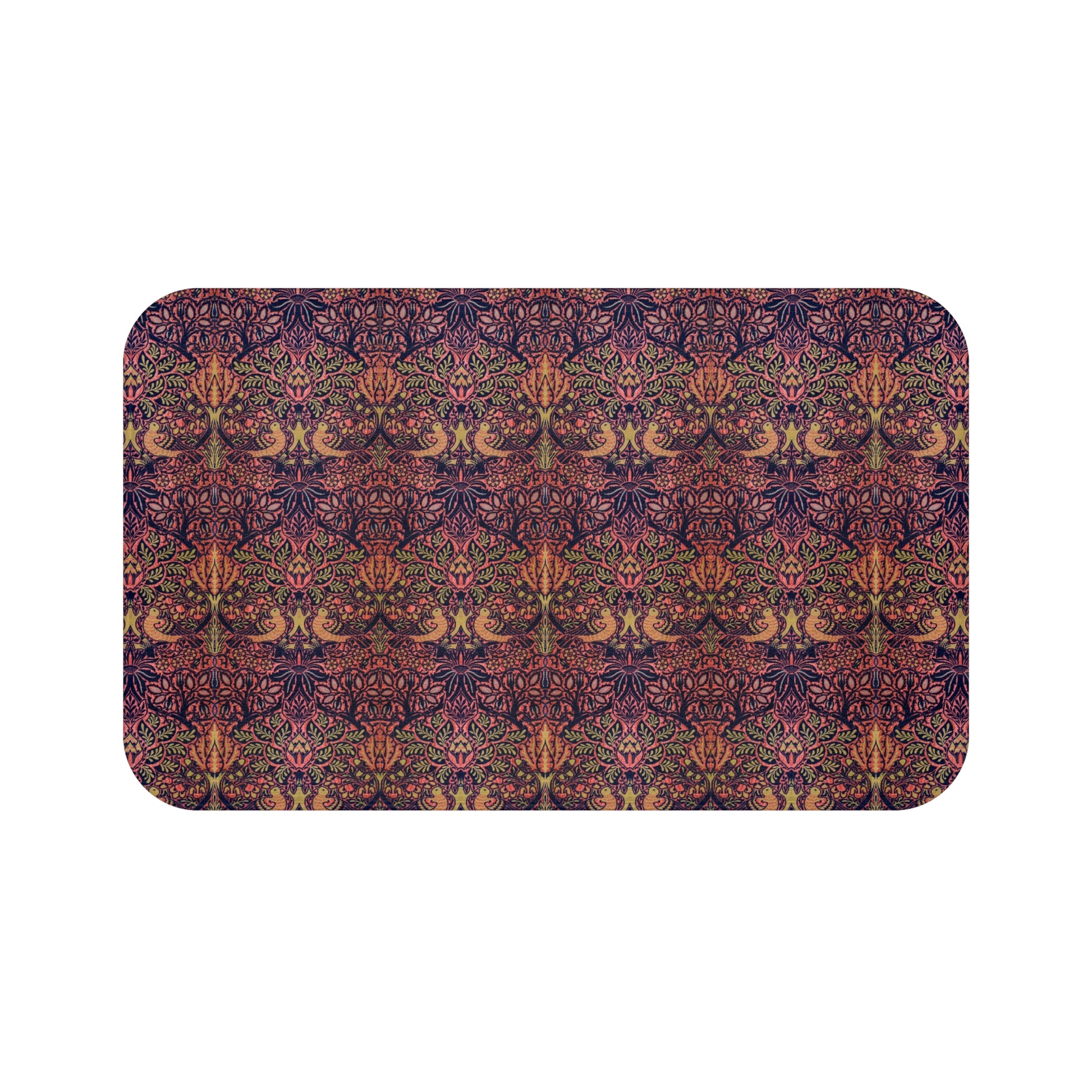 Rectangular microfibre bath mat with a floral pattern inspired by William Morris, in colors pink, purple, and gold.