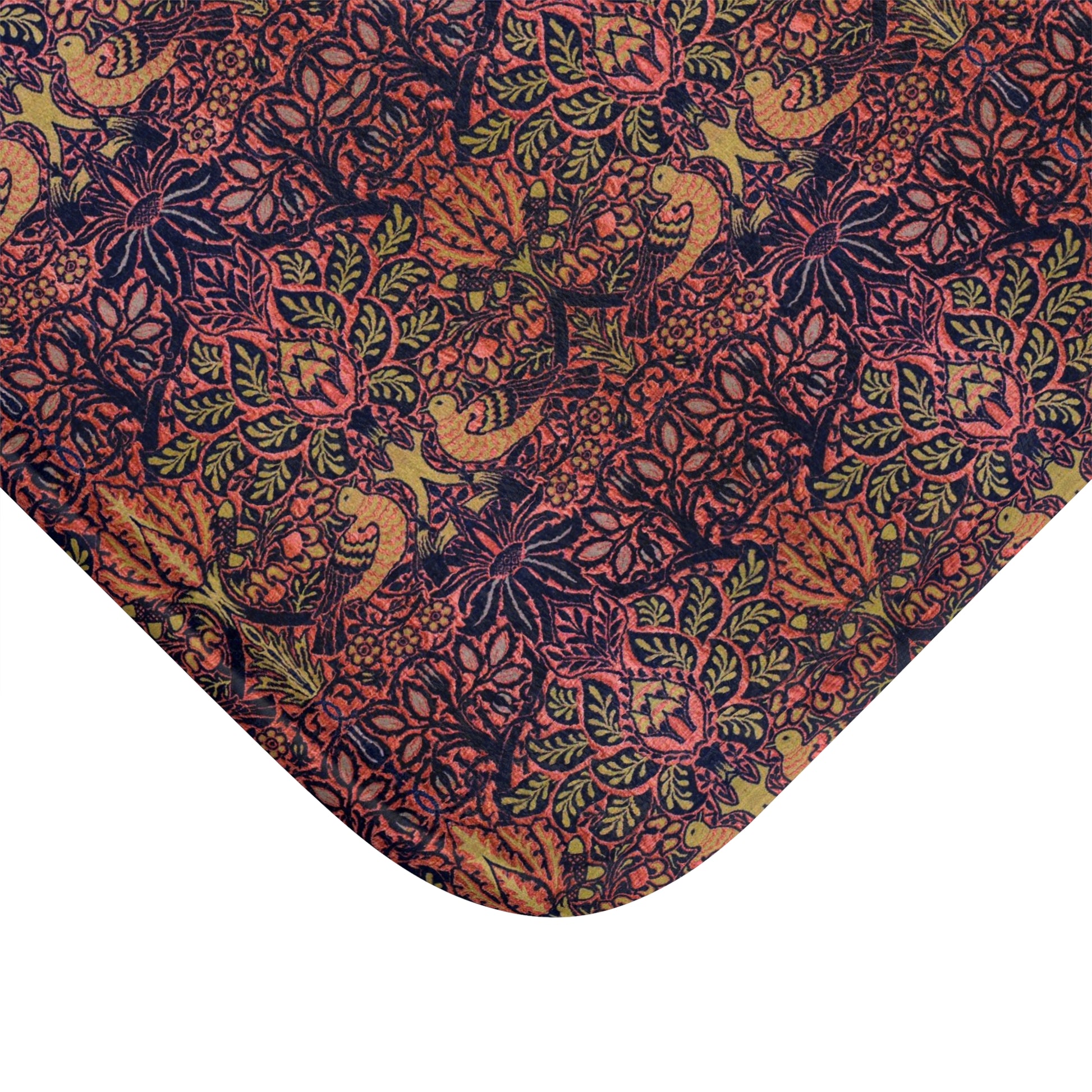 Rectangular microfibre bath mat with a floral pattern inspired by William Morris, in colours pink, purple, and gold.