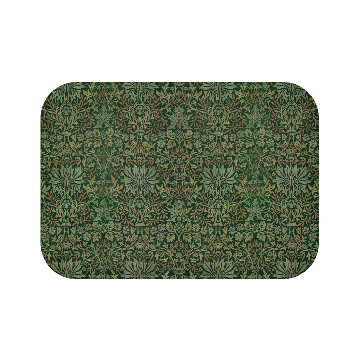 Rectangular microfibre bath mat with an intricate floral pattern in green shades, inspired by William Morris.