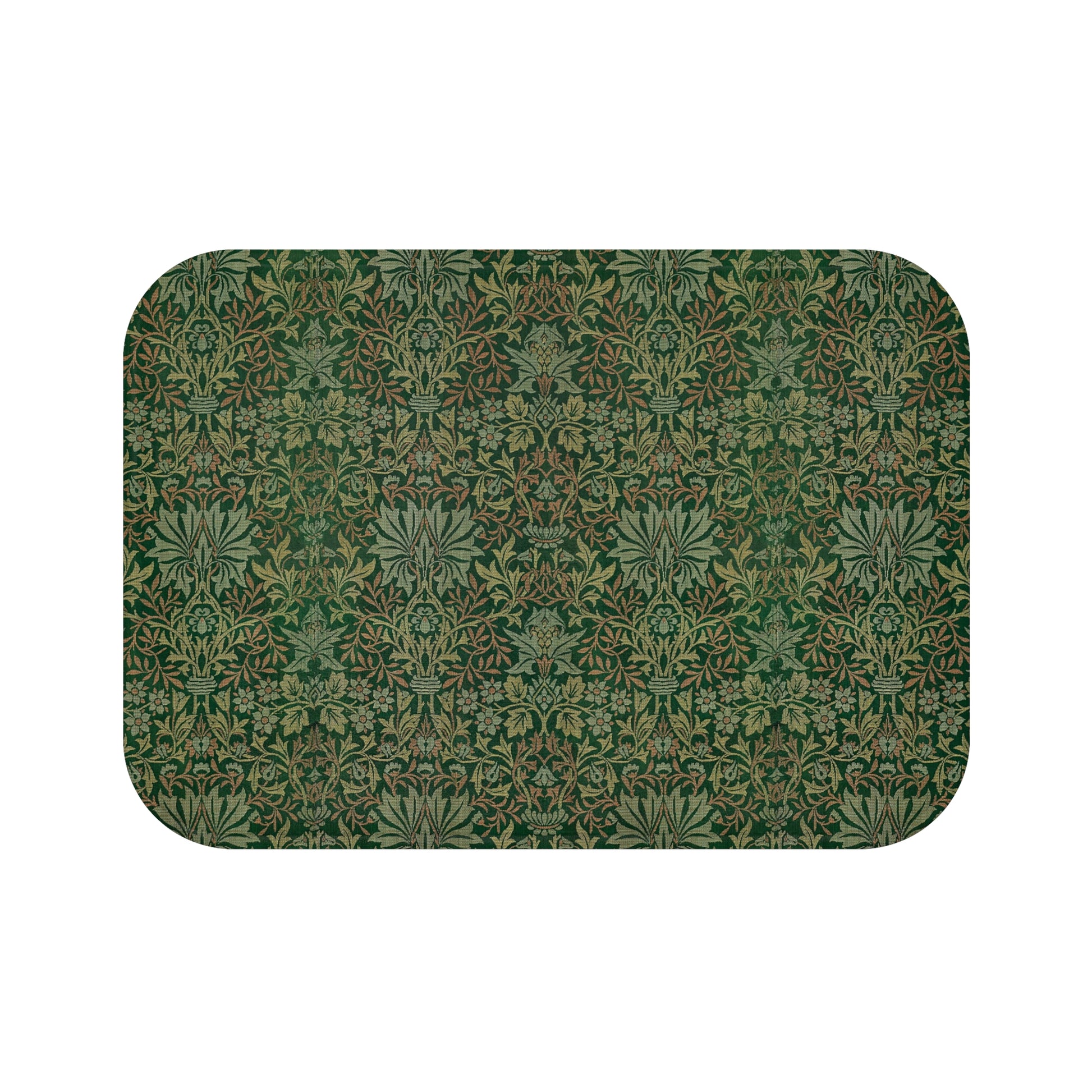 Rectangular microfibre bath mat with an intricate floral pattern in green shades, inspired by William Morris.