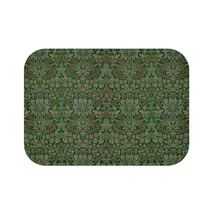 Rectangular microfibre bath mat with an intricate floral pattern in green shades, inspired by William Morris.