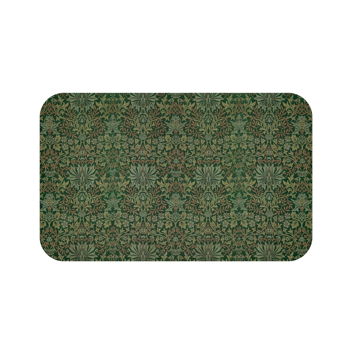 Rectangular microfibre bath mat with an intricate floral pattern in green shades, inspired by William Morris.