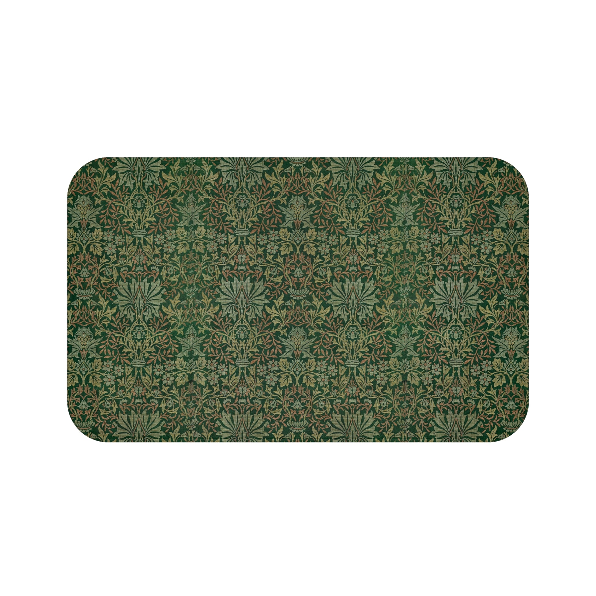 Rectangular microfibre bath mat with an intricate floral pattern in green shades, inspired by William Morris.