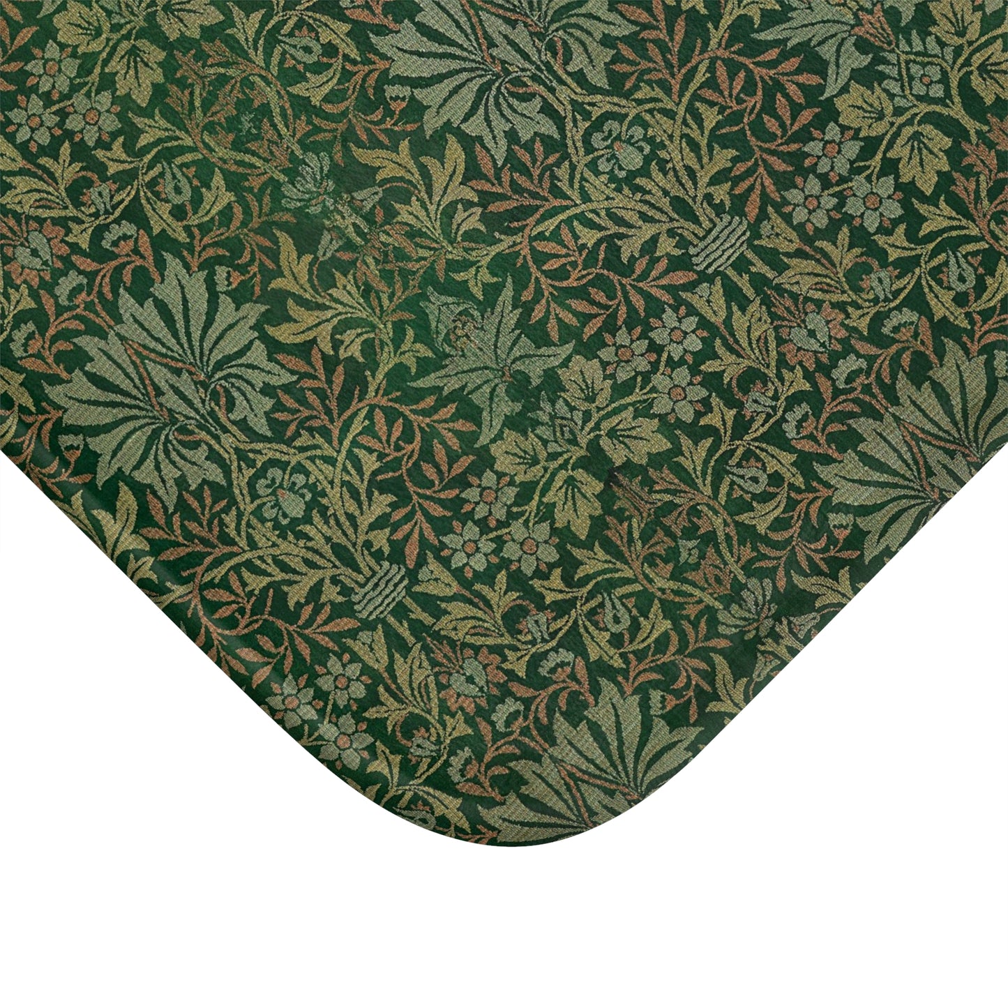 Rectangular microfibre bath mat with an intricate floral pattern in green shades, inspired by William Morris.