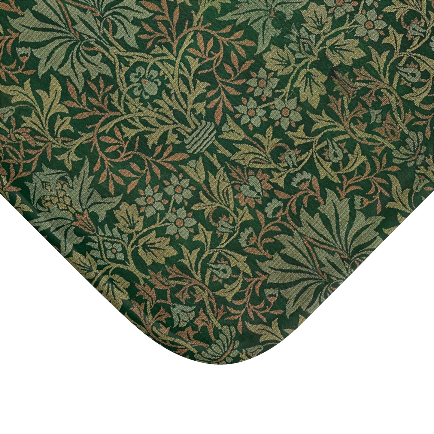 Rectangular microfibre bath mat with an intricate floral pattern in green shades, inspired by William Morris.