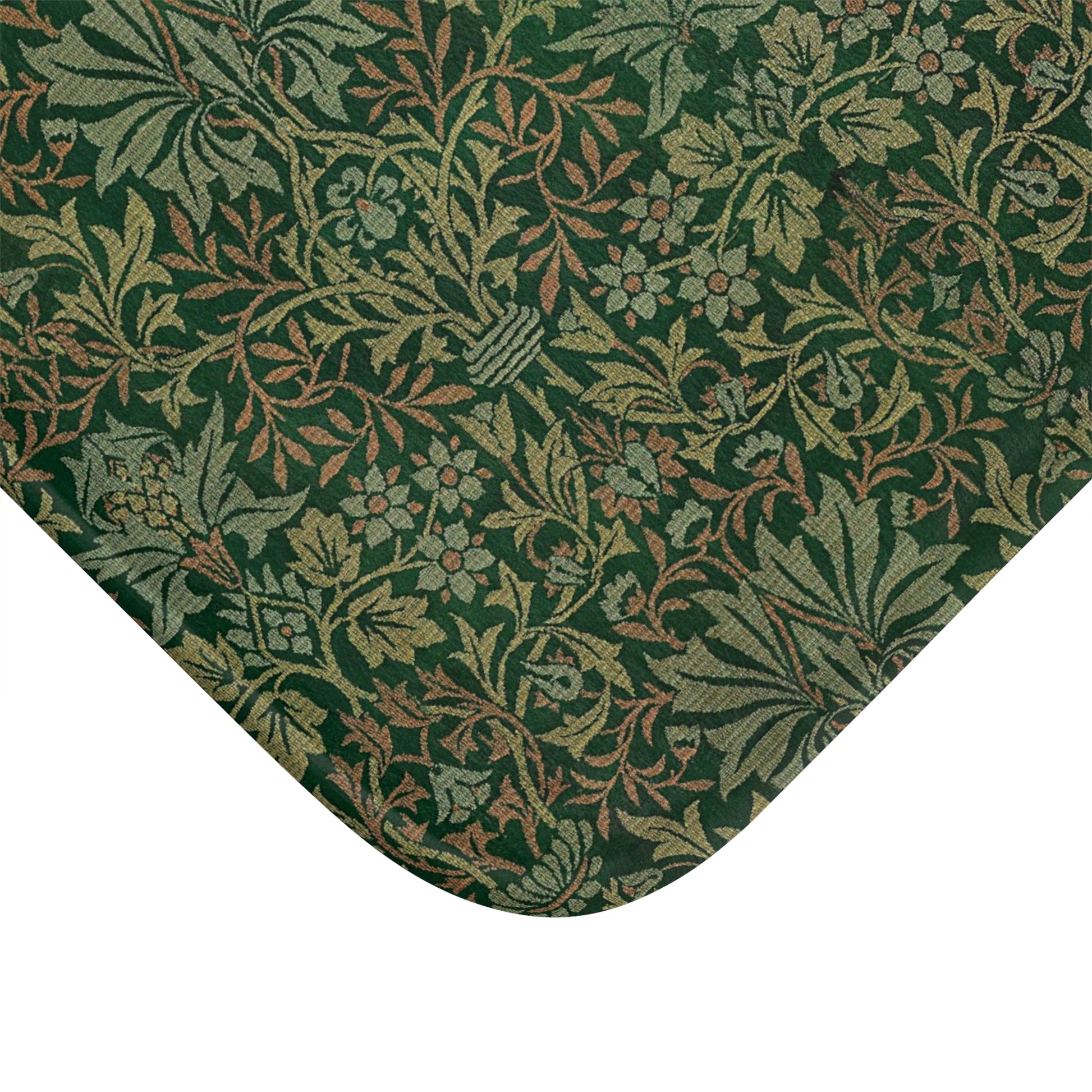 Rectangular microfibre bath mat with an intricate floral pattern in green shades, inspired by William Morris.