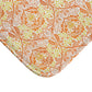 A rectangular microfibre bath mat with a floral pattern inspired by William Morris, in predominantly orange and yellow shades.