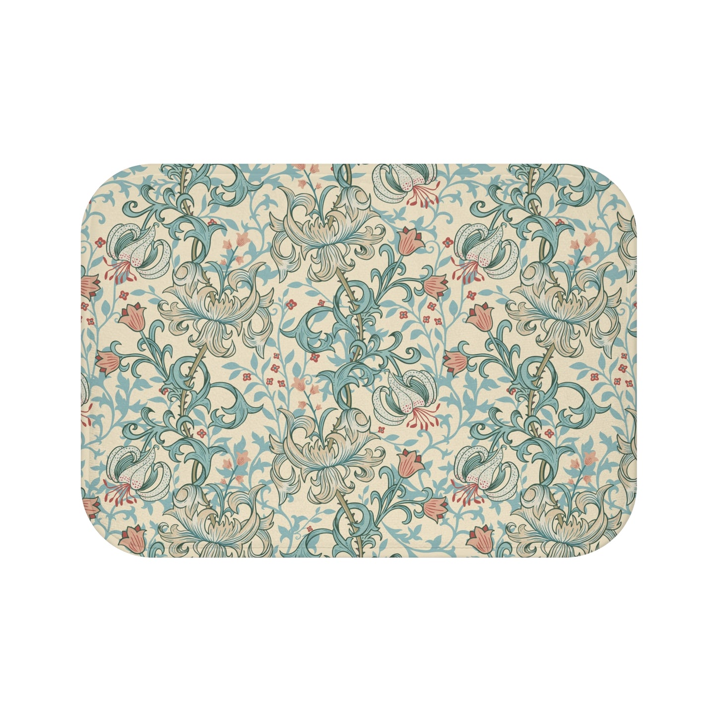 Rectangular microfibre bath mat with a floral pattern inspired by William Morris, in colours green, beige, and pink.