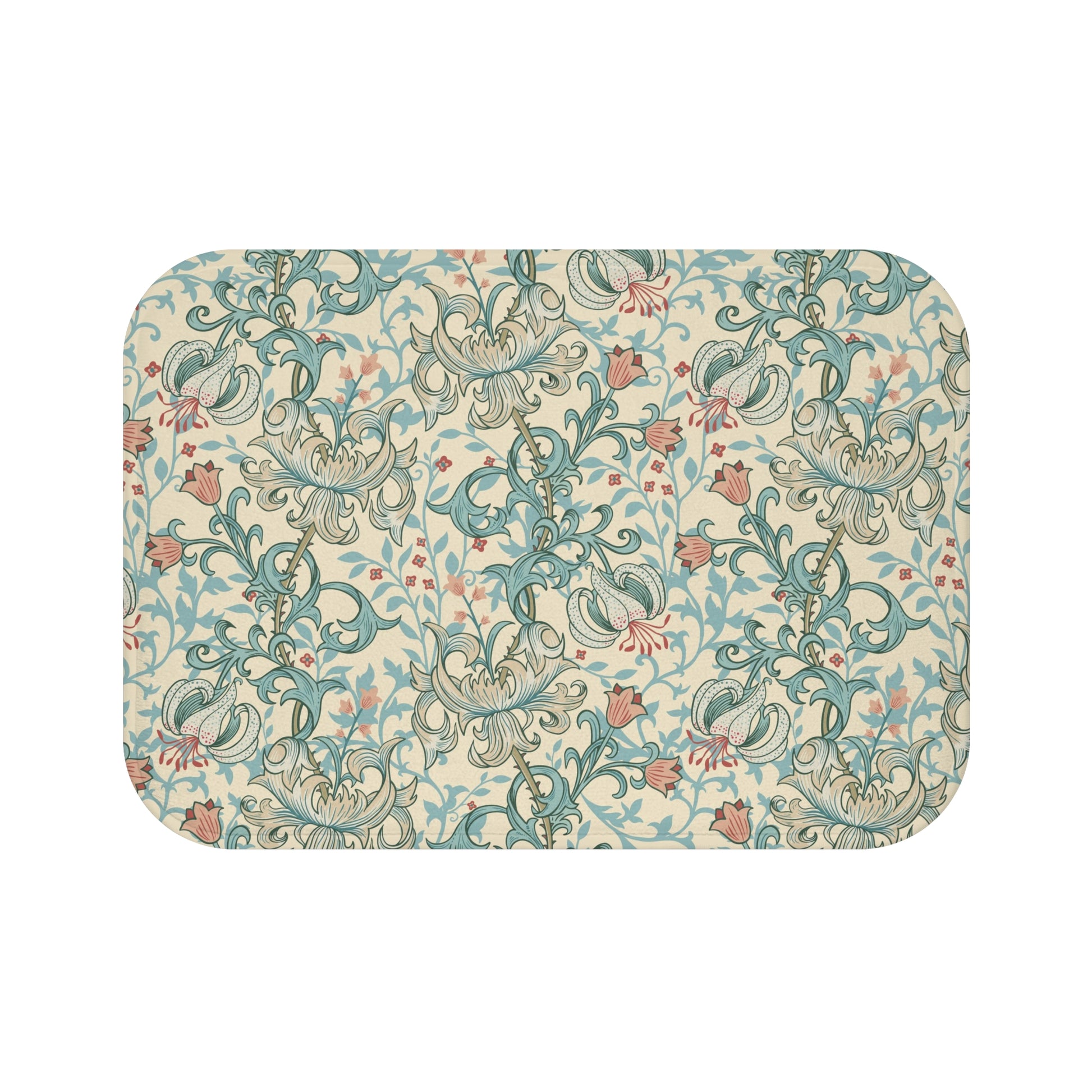 Rectangular microfibre bath mat with a floral pattern inspired by William Morris, in colours green, beige, and pink.