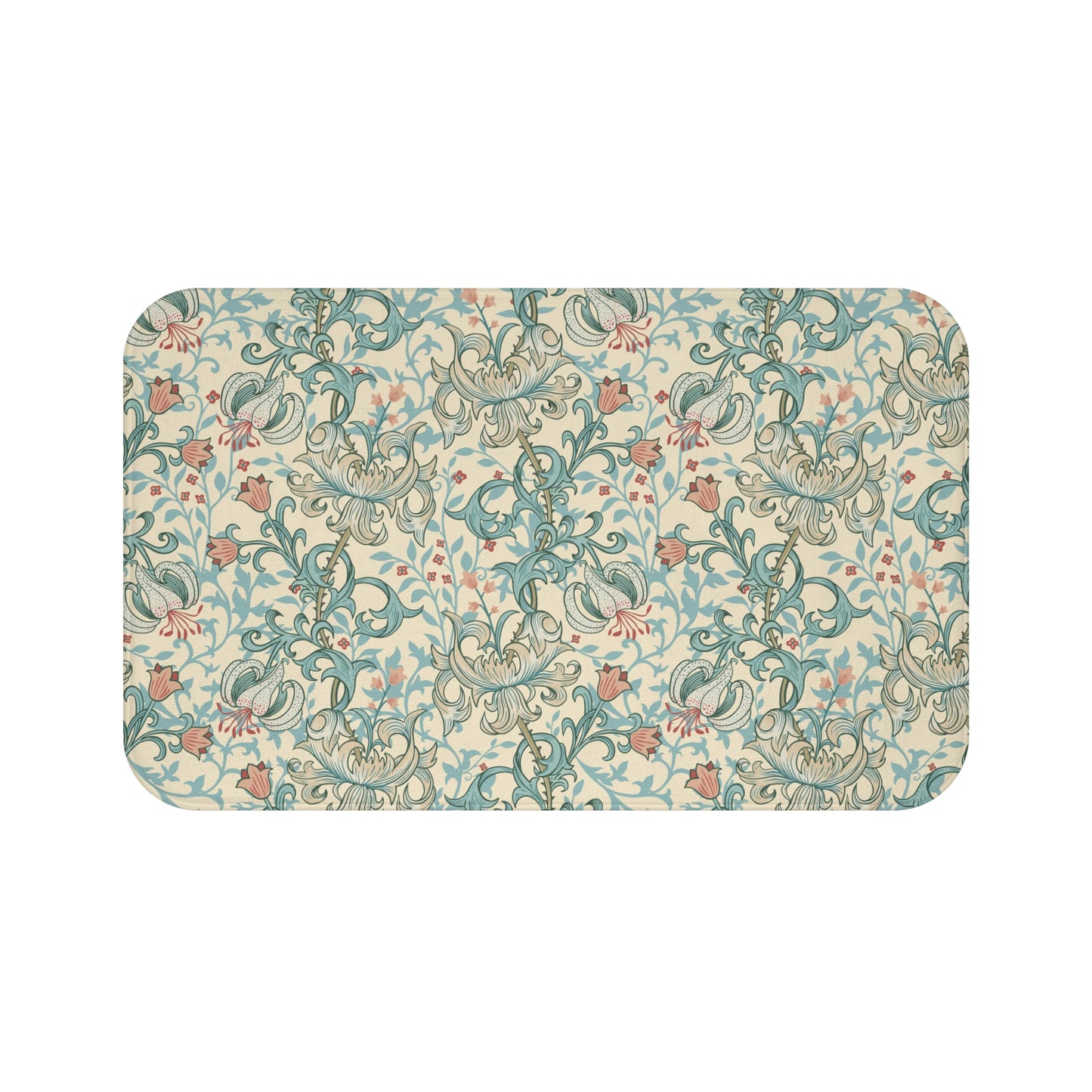 Rectangular microfibre bath mat with a floral pattern inspired by William Morris, in colors green, beige, and pink.